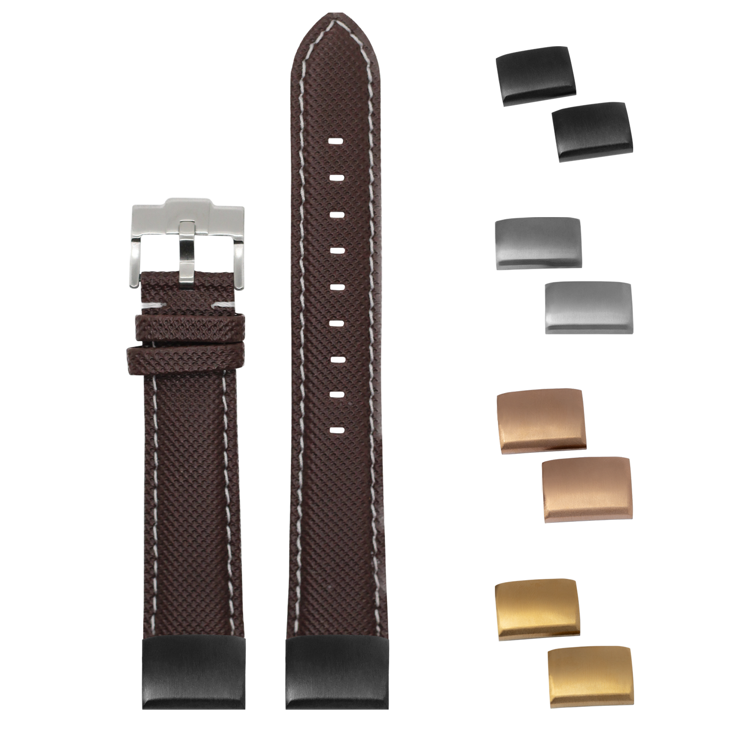 QuickFit sailcloth watch band in coffee brown with white stitching, 20mm, featuring interchangeable metal clasps in silver, black, rose gold, and gold finishes