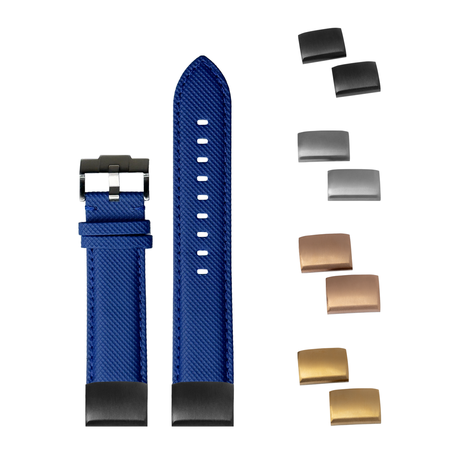 Blue sailcloth quick-fit watch band 20mm with interchangeable metal buckles in black, silver, bronze and gold finishes