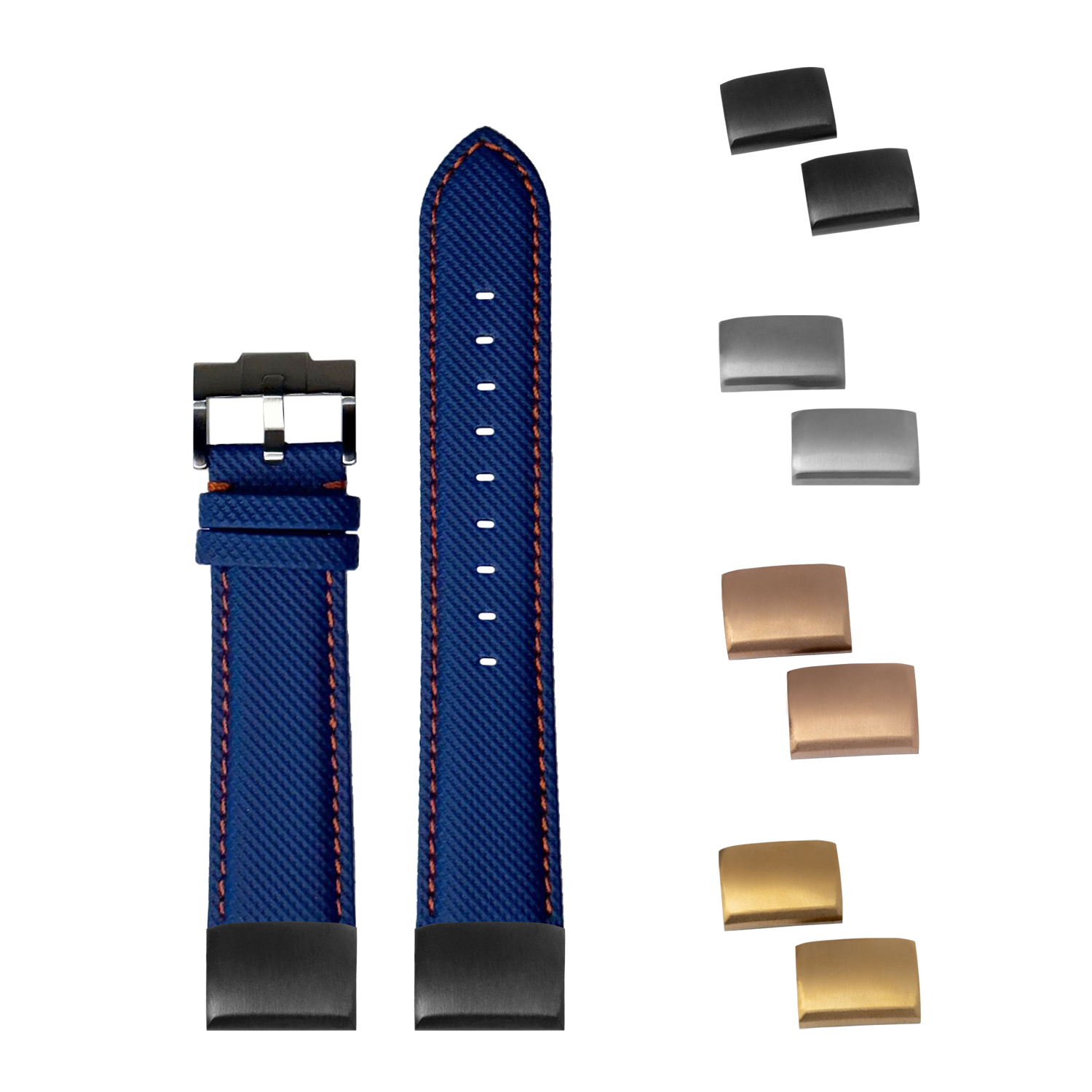 Blue sailcloth watch band with orange stitching, interchangeable metal buckles and endlinks in black, silver, and gold finishes