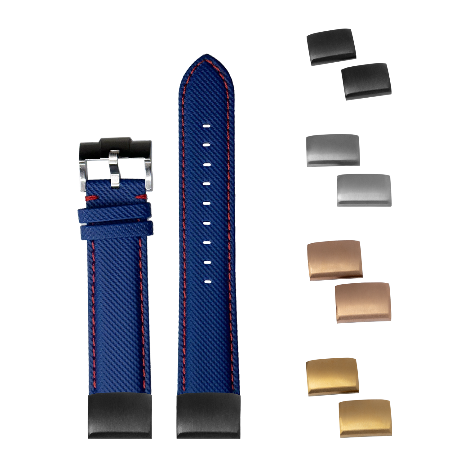 Sailcloth watch band electric blue with red stitching, quickfit 20mm strap with interchangeable metal buckles in black, silver, and gold finishes