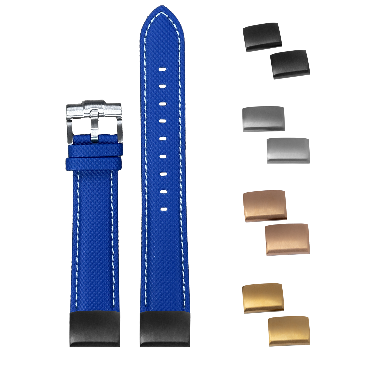 Blue sailcloth watch band with white stitching, interchangeable buckles and keepers included