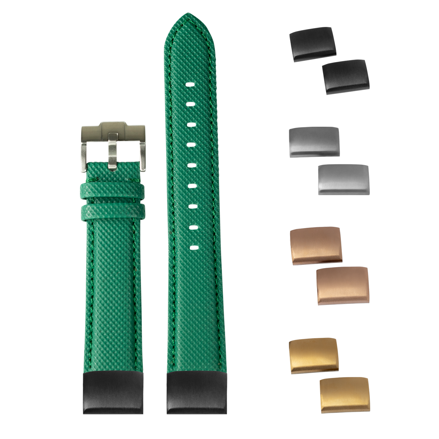 Green canvas watch strap 20mm with quick-release pins and interchangeable metal buckles in black, silver, and gold finishes