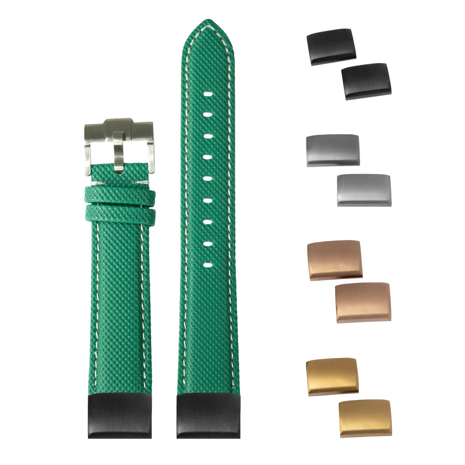 Green sailcloth watch band with white stitching, interchangeable buckles and end links in black, silver and gold finishes