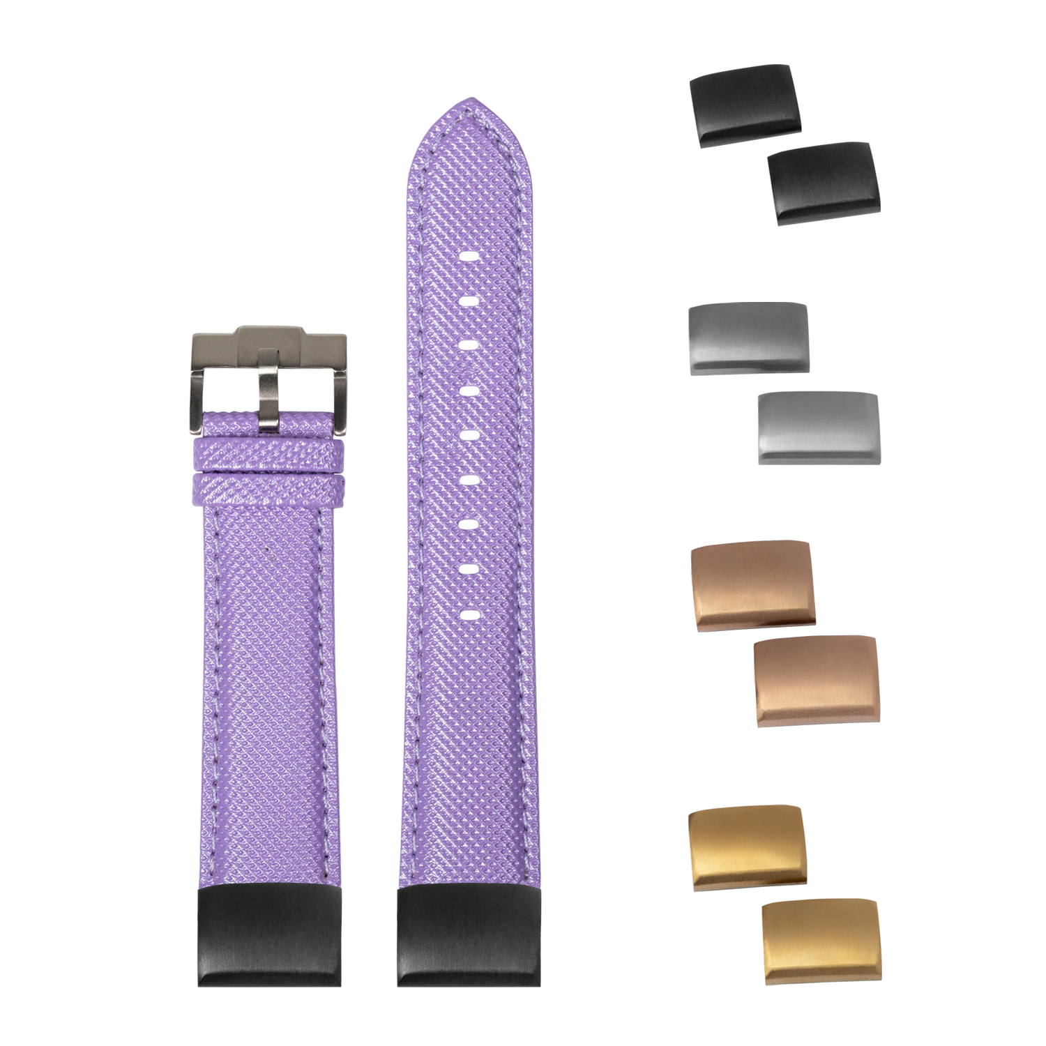 Purple sailcloth quick-fit watch strap with interchangeable metal buckles in black, silver, rose gold and gold finishes