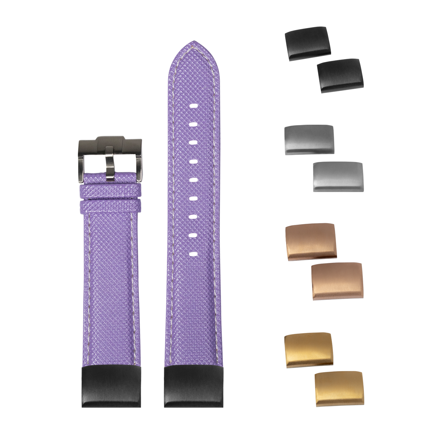 Purple sailcloth watch strap 20mm with white stitching, interchangeable buckles and metal clasp options included