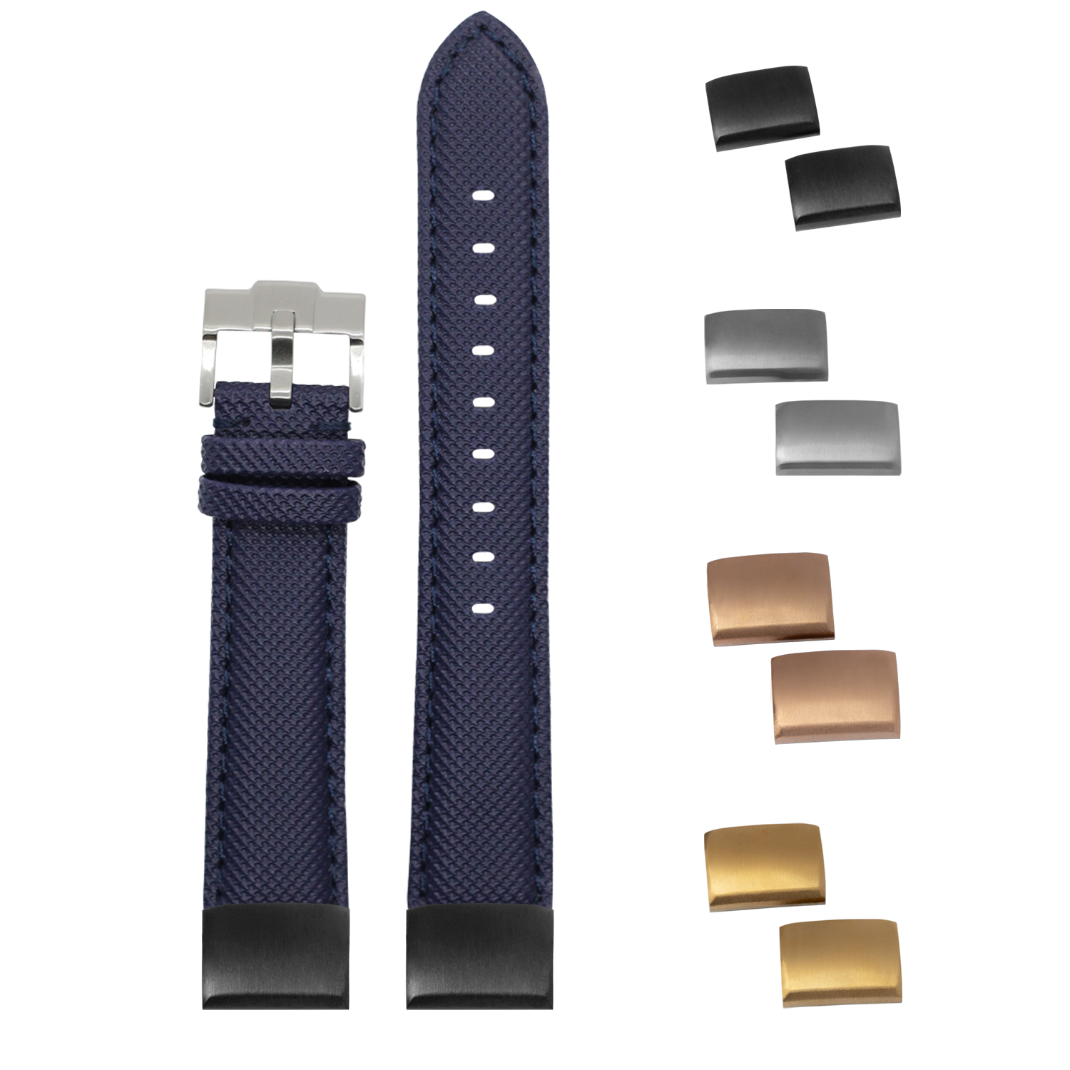 Navy blue sailcloth watch strap 20mm with interchangeable metal buckles and keepers included