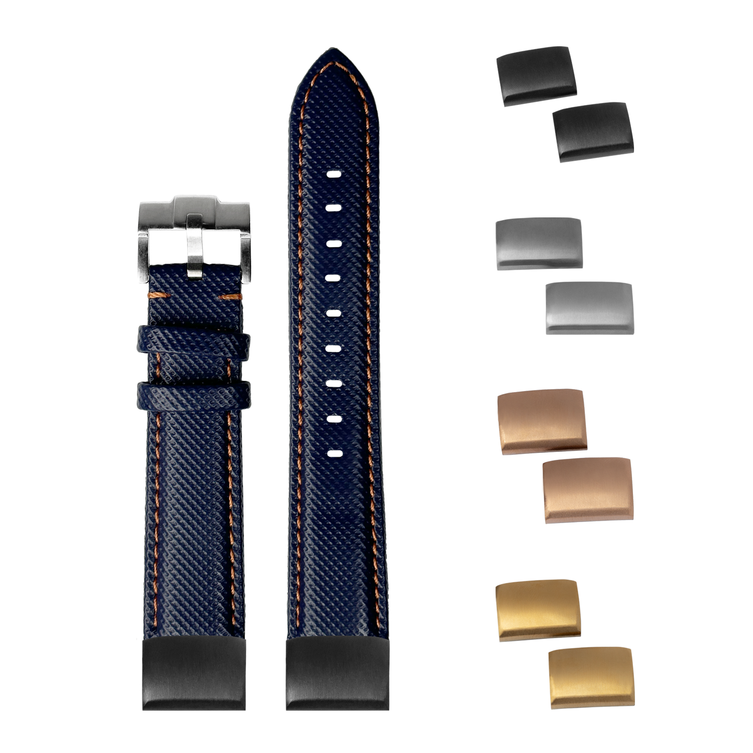 Quick-fit sailcloth watch strap navy blue with orange stitching, 20mm, includes interchangeable metal buckles