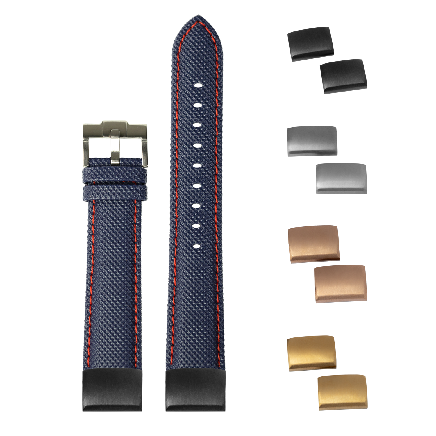 Navy blue sailcloth watch band with red stitching, interchangeable buckles included, quick-fit 20mm strap