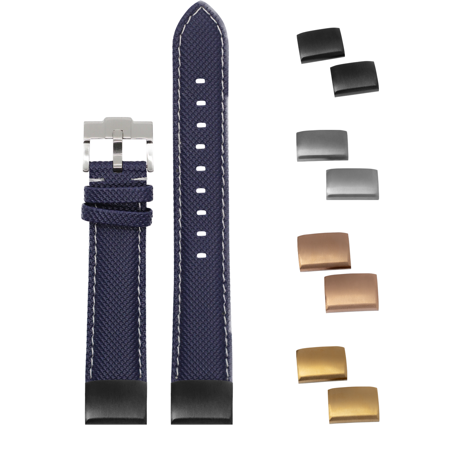 Navy blue sailcloth watch band 20mm with white stitching, stainless steel buckle, and interchangeable metal clasp options