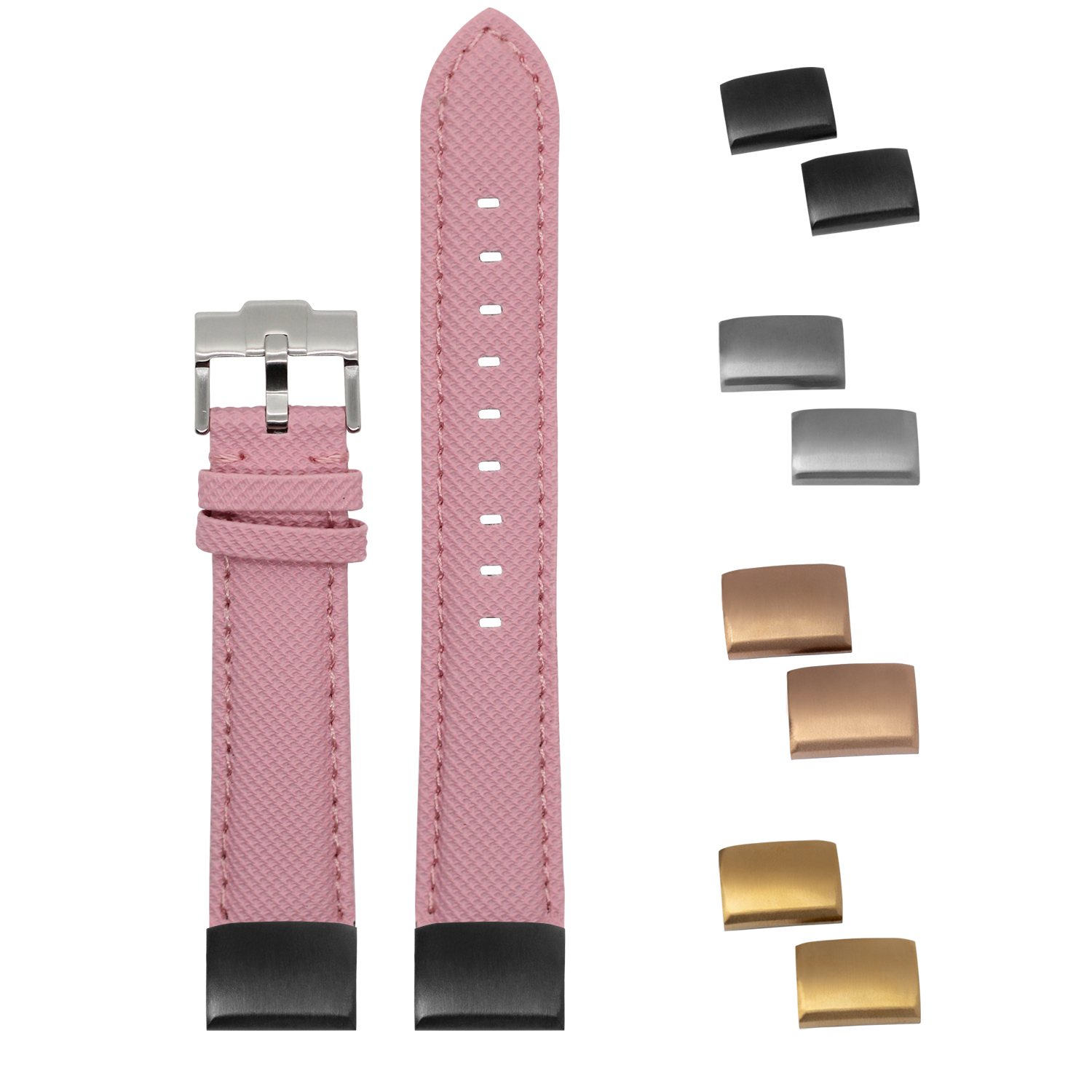 Pink sailcloth quick-fit watch strap 20mm with interchangeable metal buckles in silver, gold, and gunmetal finishes
