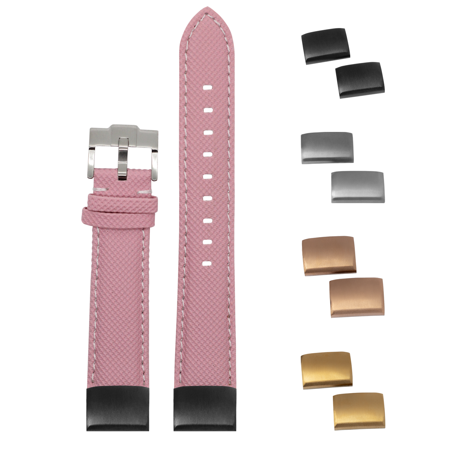 Pink sailcloth watch band with white stitching, interchangeable metal buckles and keepers