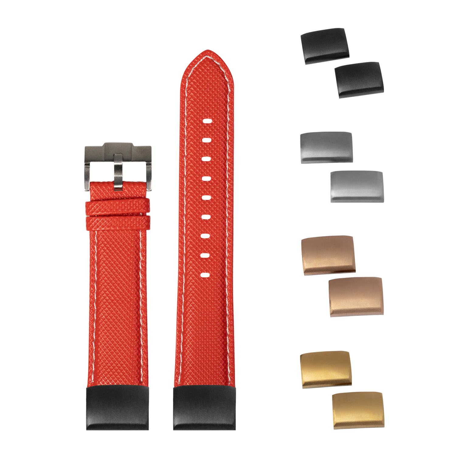 Red sailcloth watch strap 20mm with white stitching, interchangeable buckles and end links included