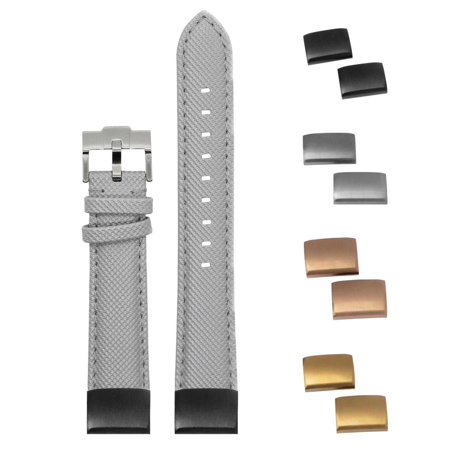 Gray sailcloth quick-fit watch band 20mm with interchangeable metal buckles in silver, black, bronze and gold