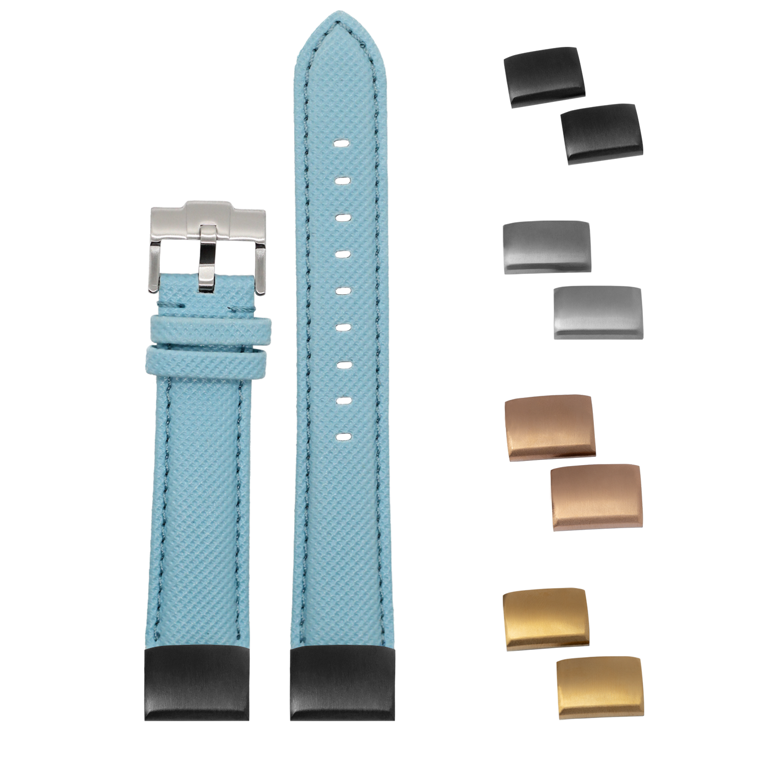 Light blue sailcloth watch band 20mm with interchangeable metal buckles and leather backing included