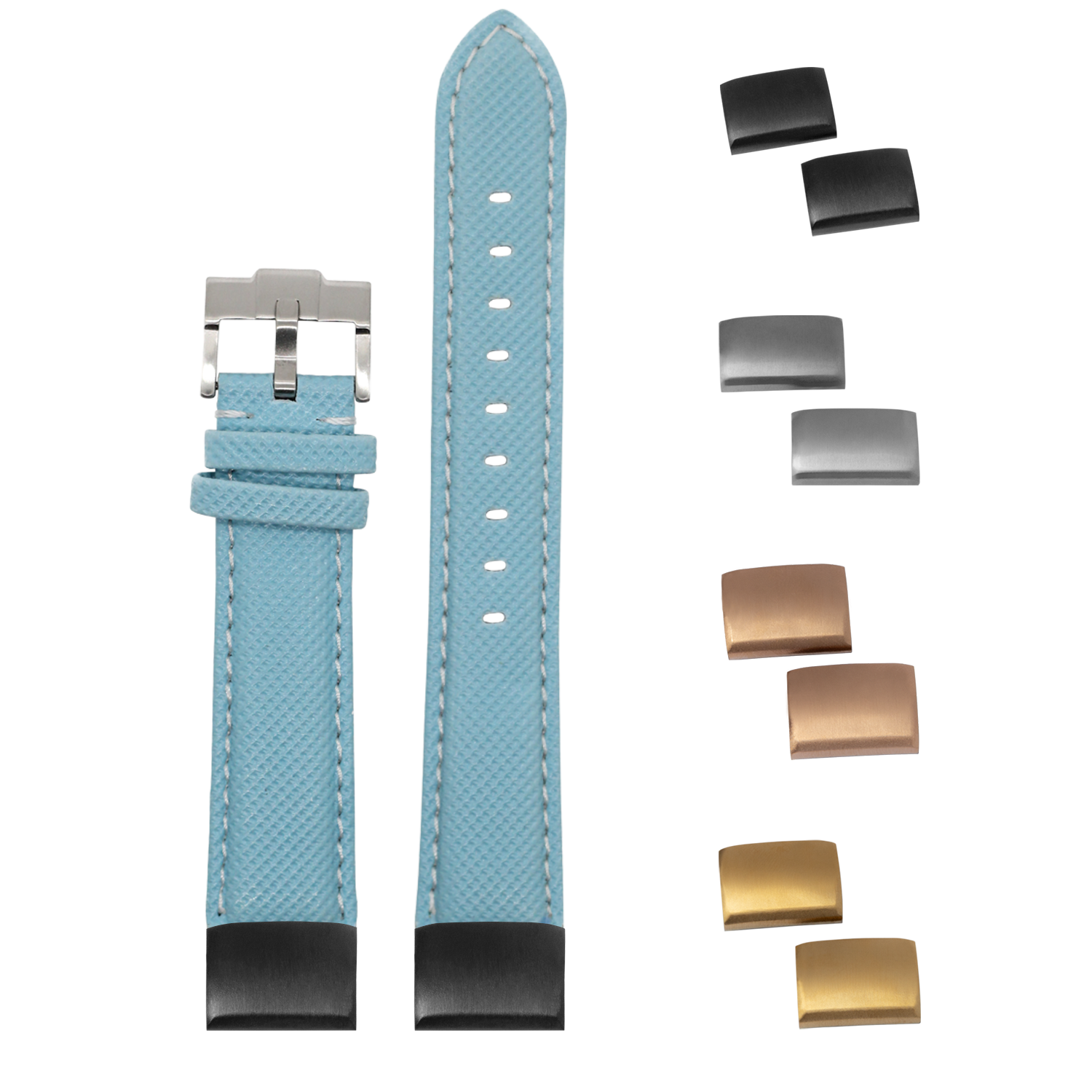 QuickFit sailcloth watch strap in sky blue with white stitching, 20mm, featuring interchangeable metal buckles in silver, gold, and black finishes