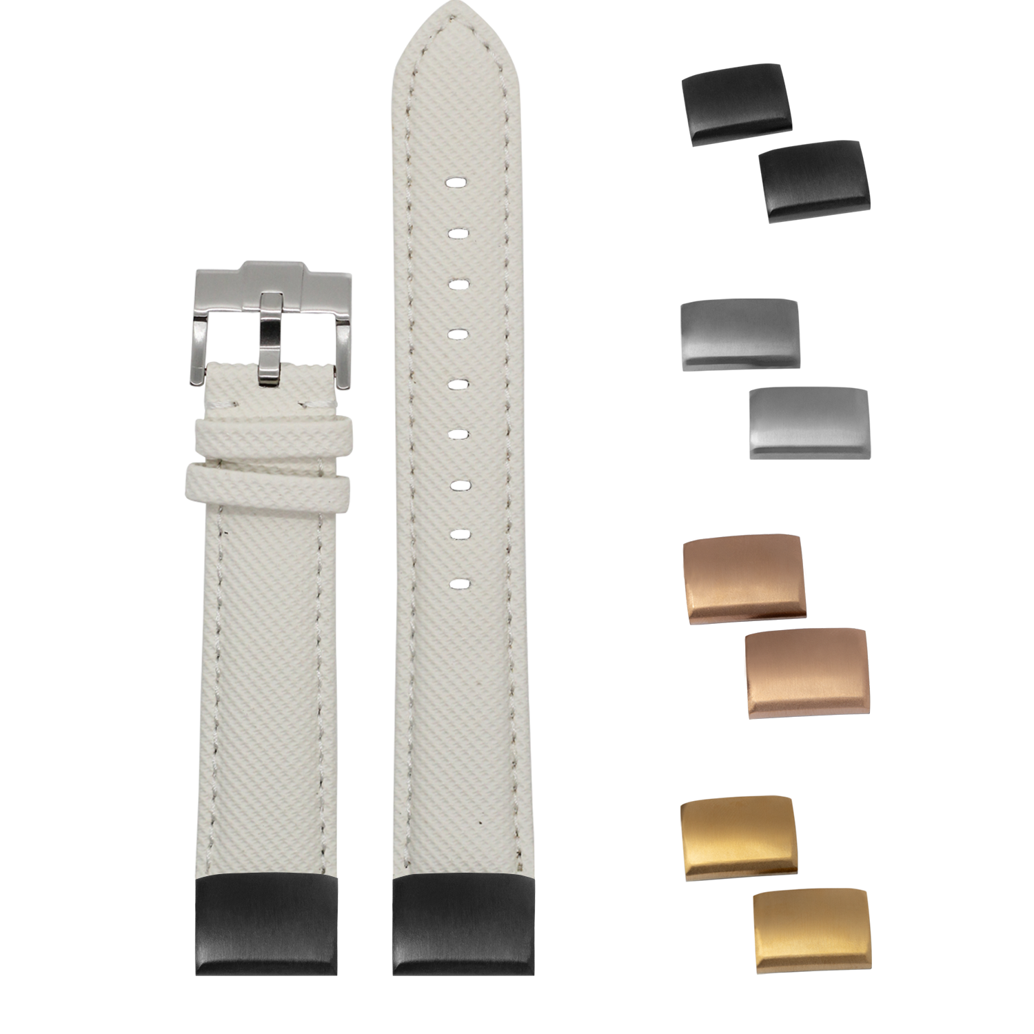 White sailcloth QuickFit watch band 20mm with interchangeable metal buckles in silver, black, rose gold and gold finishes