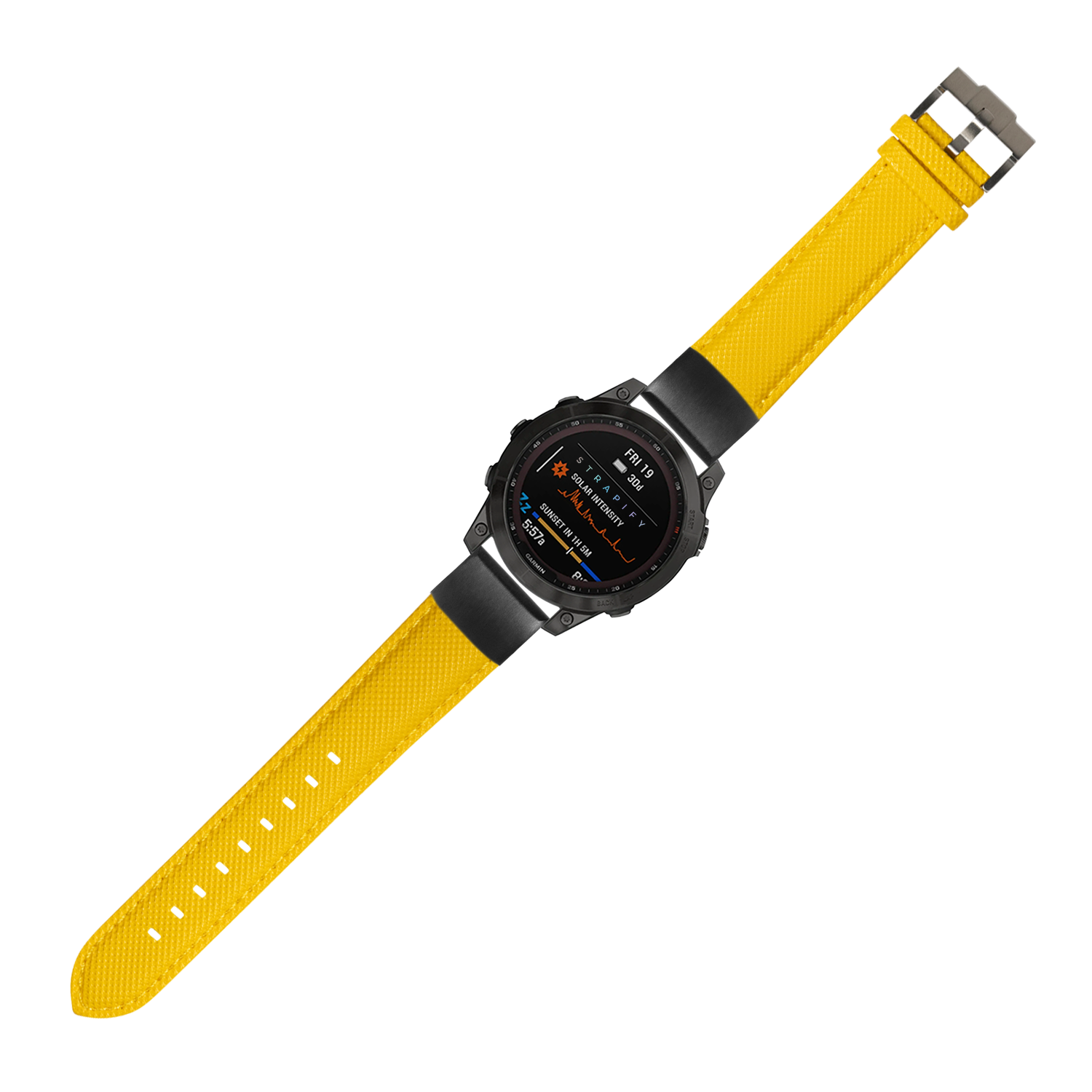 Rugged smartwatch with black case and bright yellow sailcloth strap, digital display showing fitness metrics