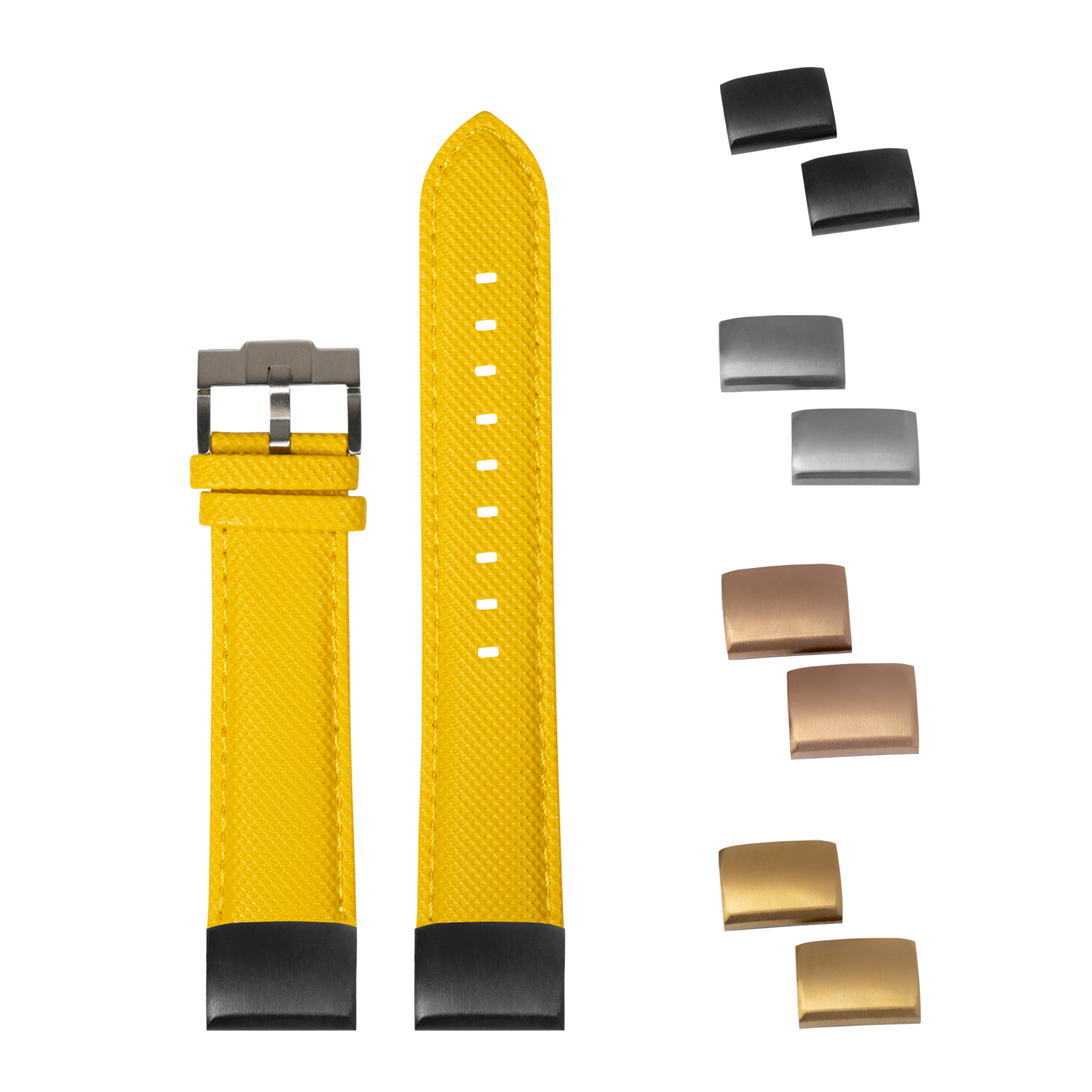Yellow sailcloth quick-fit watch strap 20mm with interchangeable metal buckles in black, silver, rose gold and gold finishes