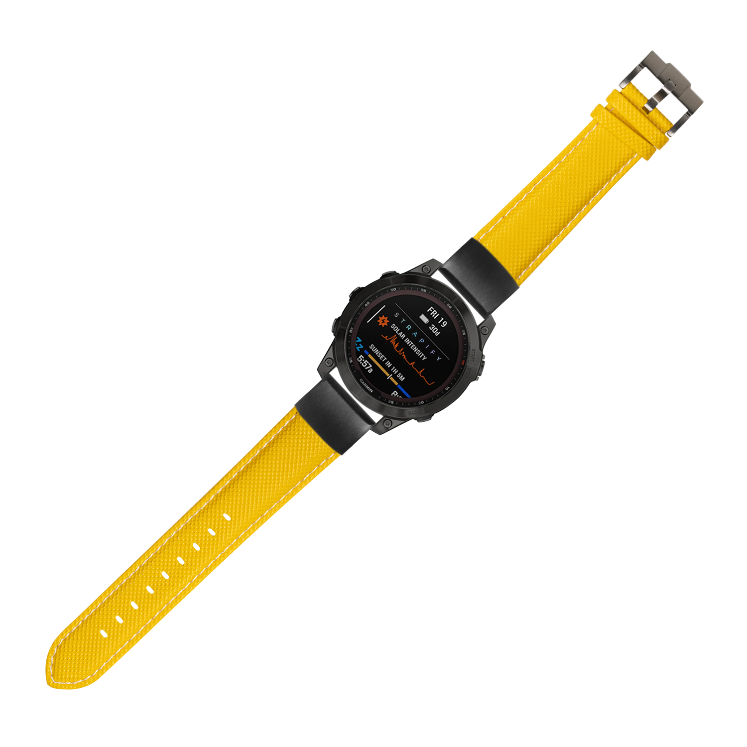 Black digital smartwatch with yellow sailcloth band and white stitching, QuickFit 20mm strap replacement