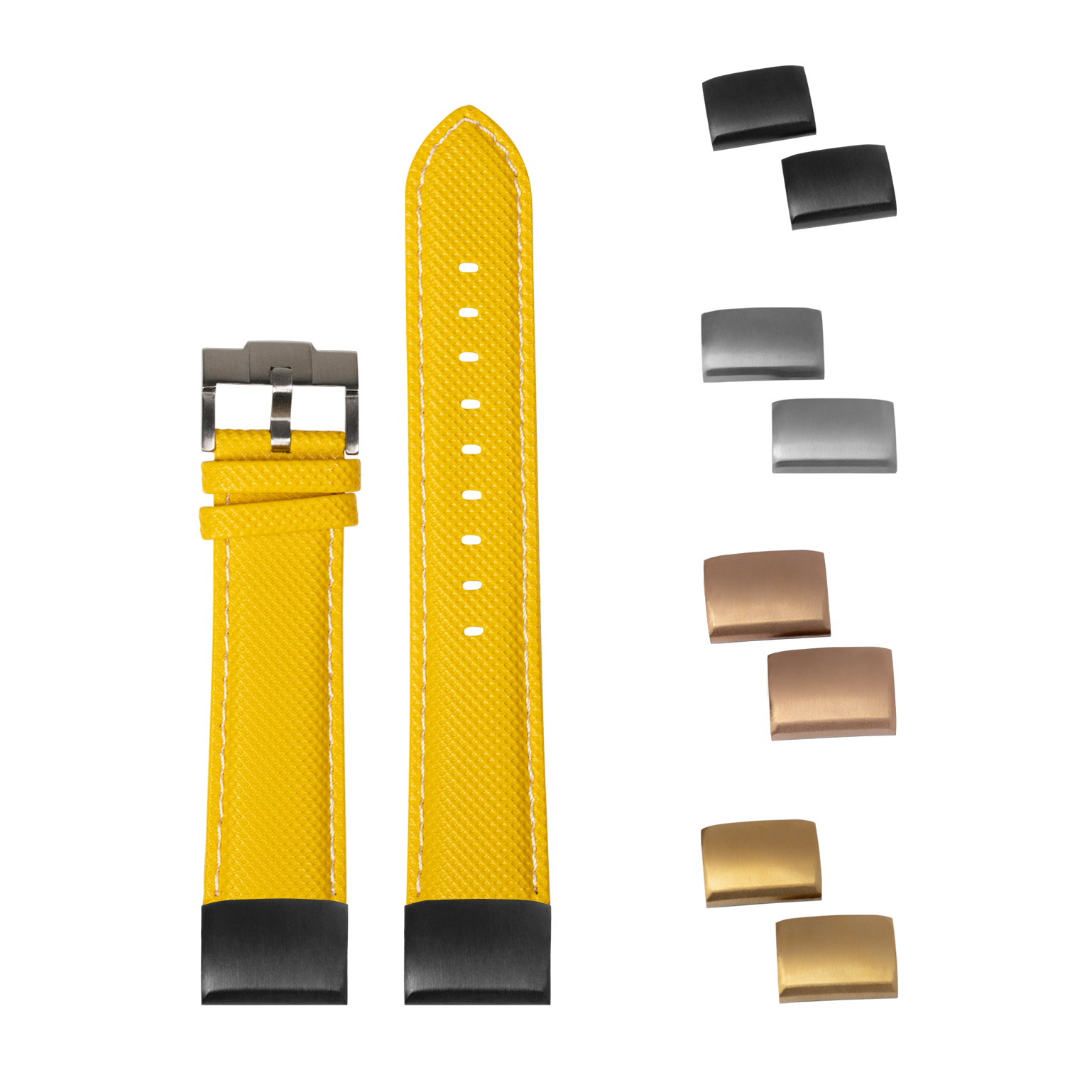 Yellow sailcloth watch strap 20mm with white stitching, interchangeable buckles and end links in multiple finishes