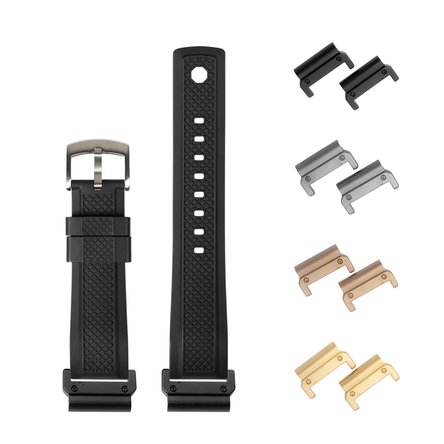 GridLock quick release rubber watch band 26mm with interchangeable lugs in black, tan, and gold finishes