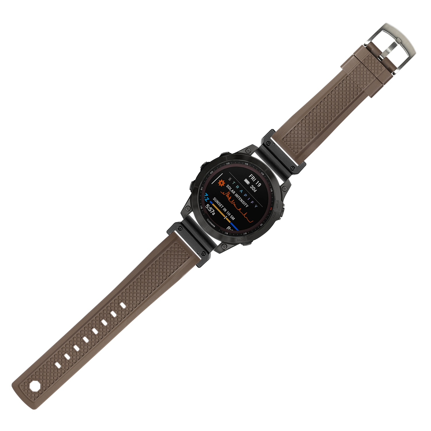 Black digital smartwatch with coffee brown textured rubber strap and metal case showing fitness metrics on AMOLED display
