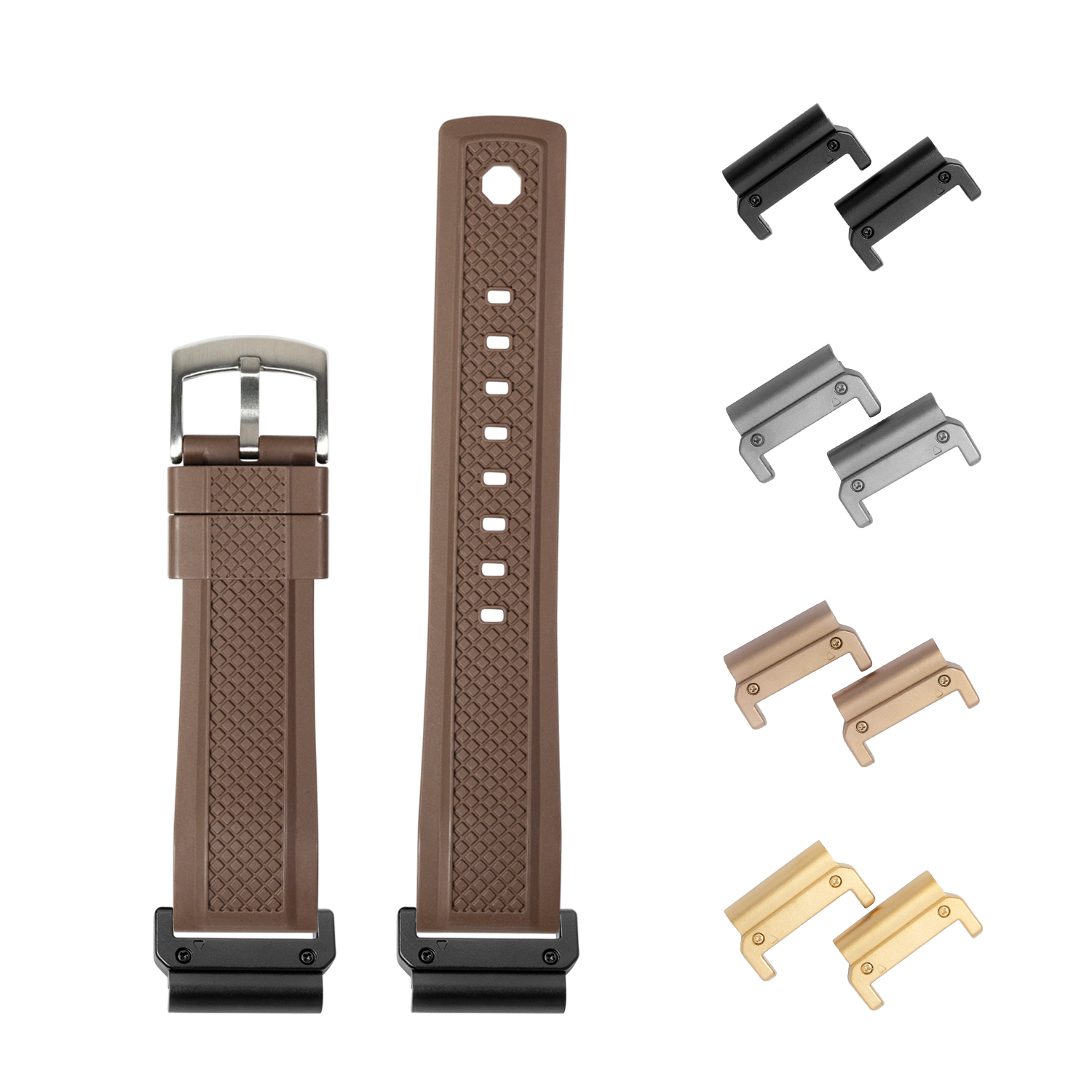 QuickFit GridLock FKM rubber watch band coffee brown 26mm with interchangeable metal lugs in multiple finishes