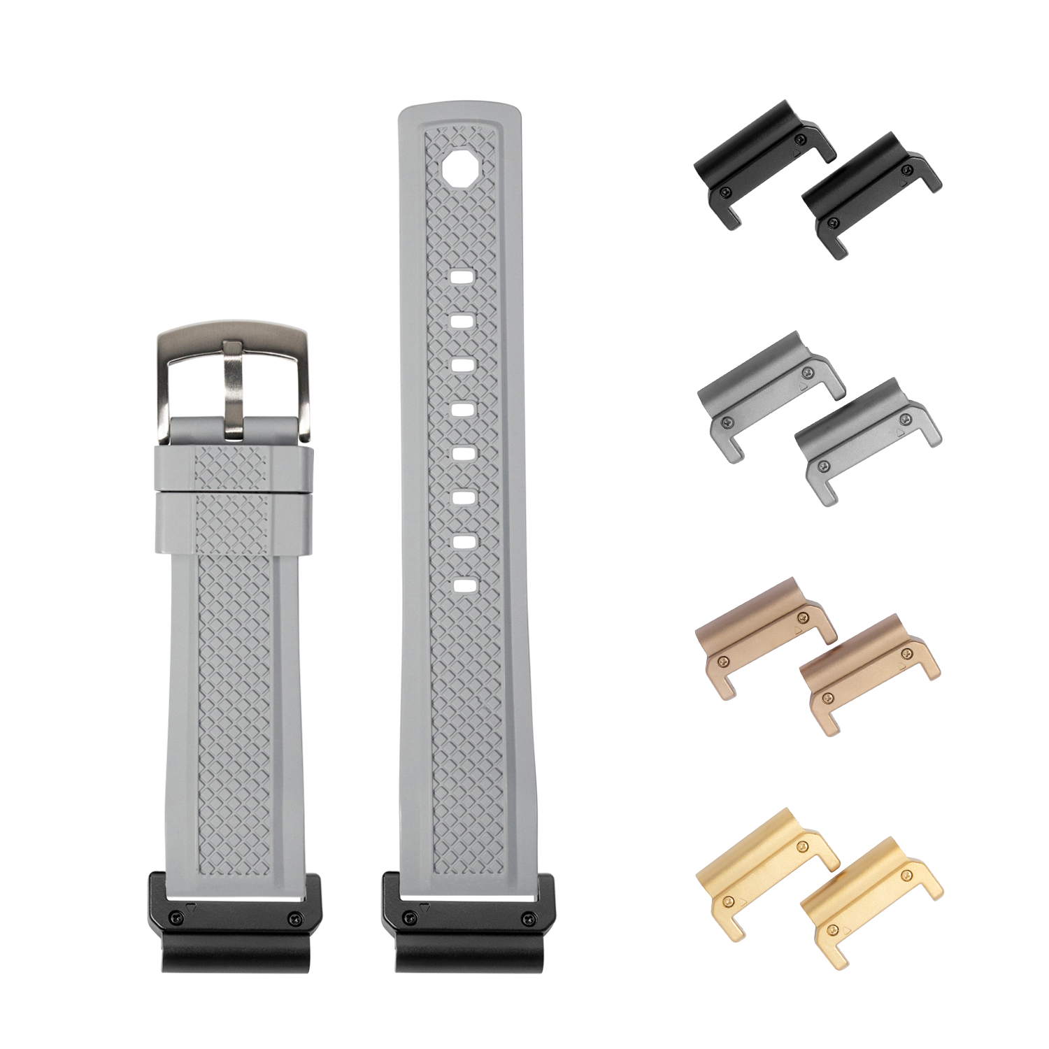 QuickFit GridLock FKM rubber watch strap in grey 26mm with interchangeable metal lugs in multiple finishes