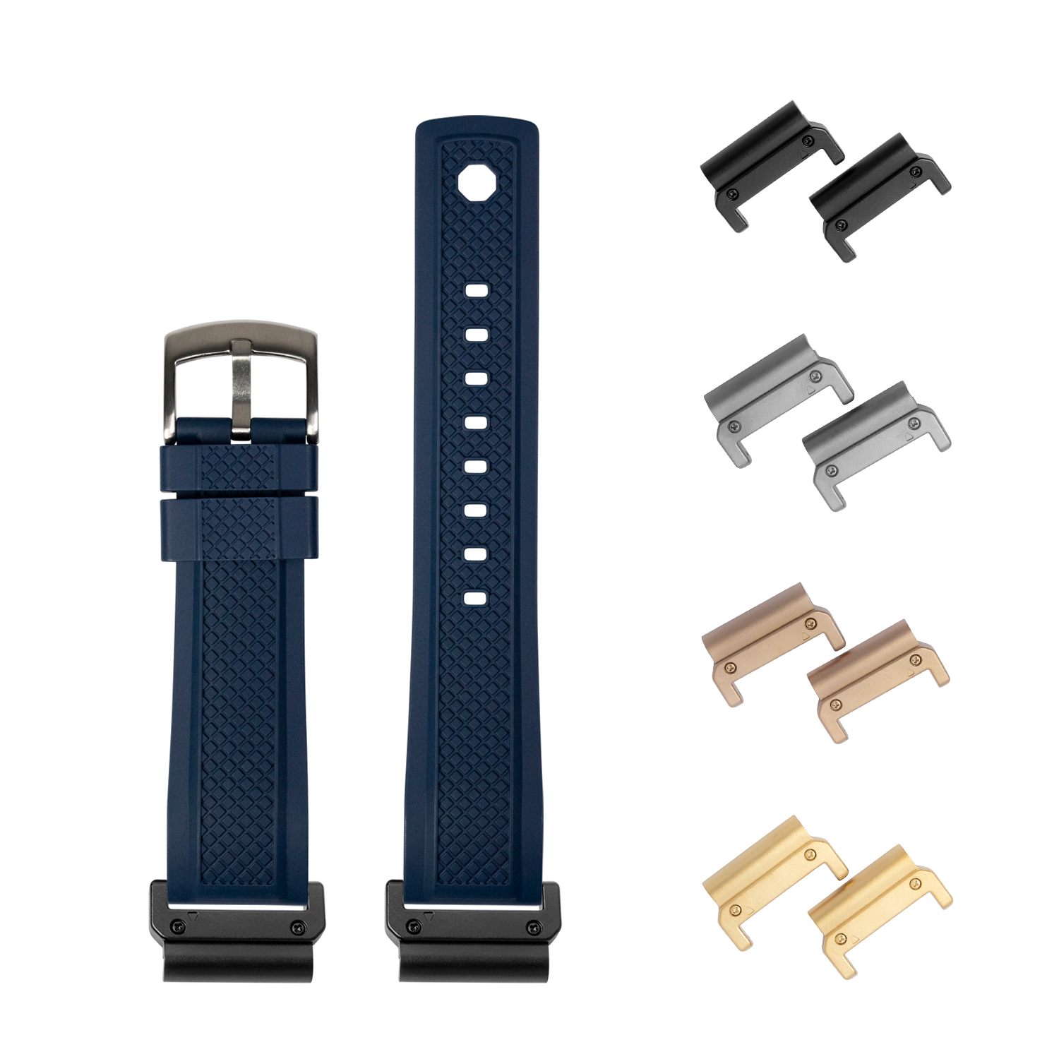 QuickFit GridLock navy blue rubber watch band 26mm with interchangeable metal lugs in black, steel, bronze and gold finishes
