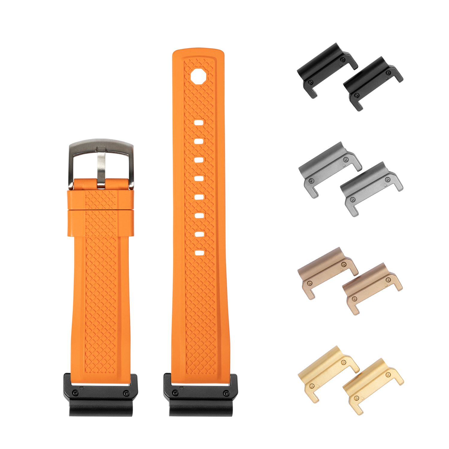 Orange QuickFit GridLock FKM rubber watch band 26mm with interchangeable metal lugs in black, gray, bronze and gold finishes