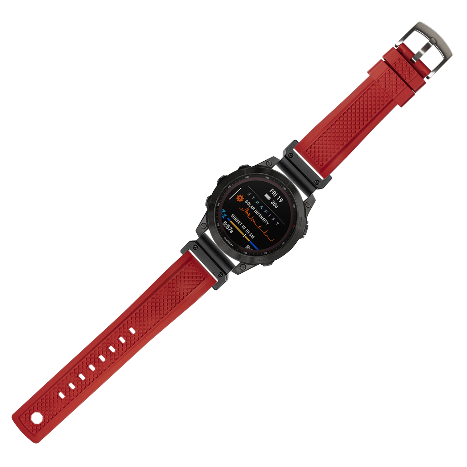 Black tactical smartwatch with red QuickFit rubber strap and AMOLED display showing fitness metrics