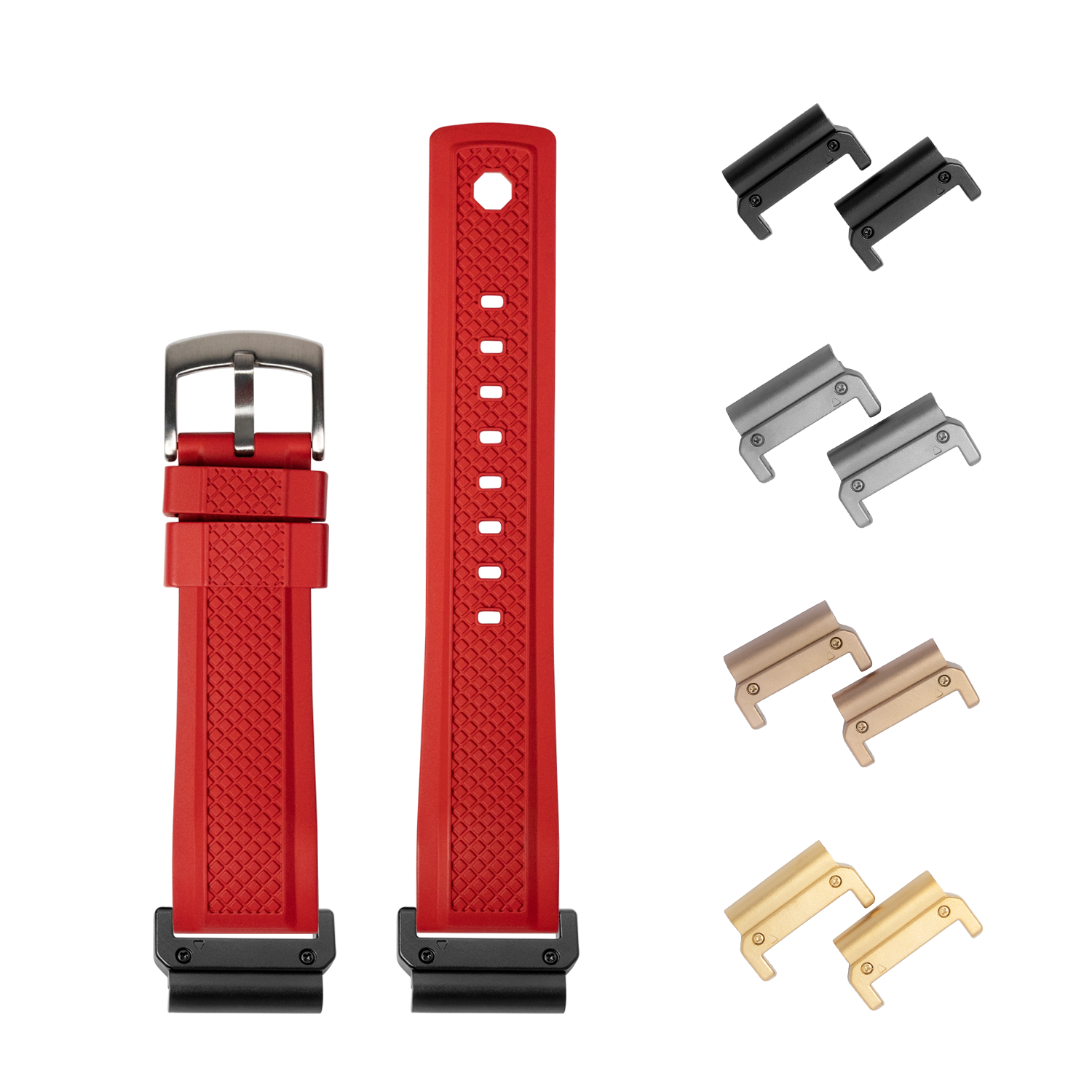 Red silicone watch band with quick release spring bars and interchangeable metal lugs in black, silver, bronze and gold finishes
