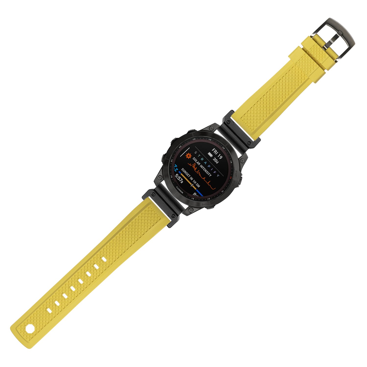 Black digital smartwatch with yellow rubber QuickFit GridLock band and AMOLED display showing fitness metrics