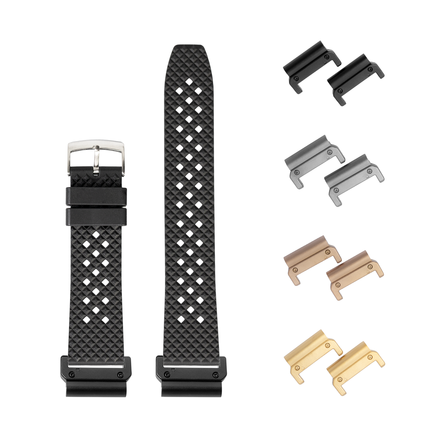 QuickFit King Honeycomb FKM rubber watch band 26mm black with interchangeable metal lugs in multiple finishes