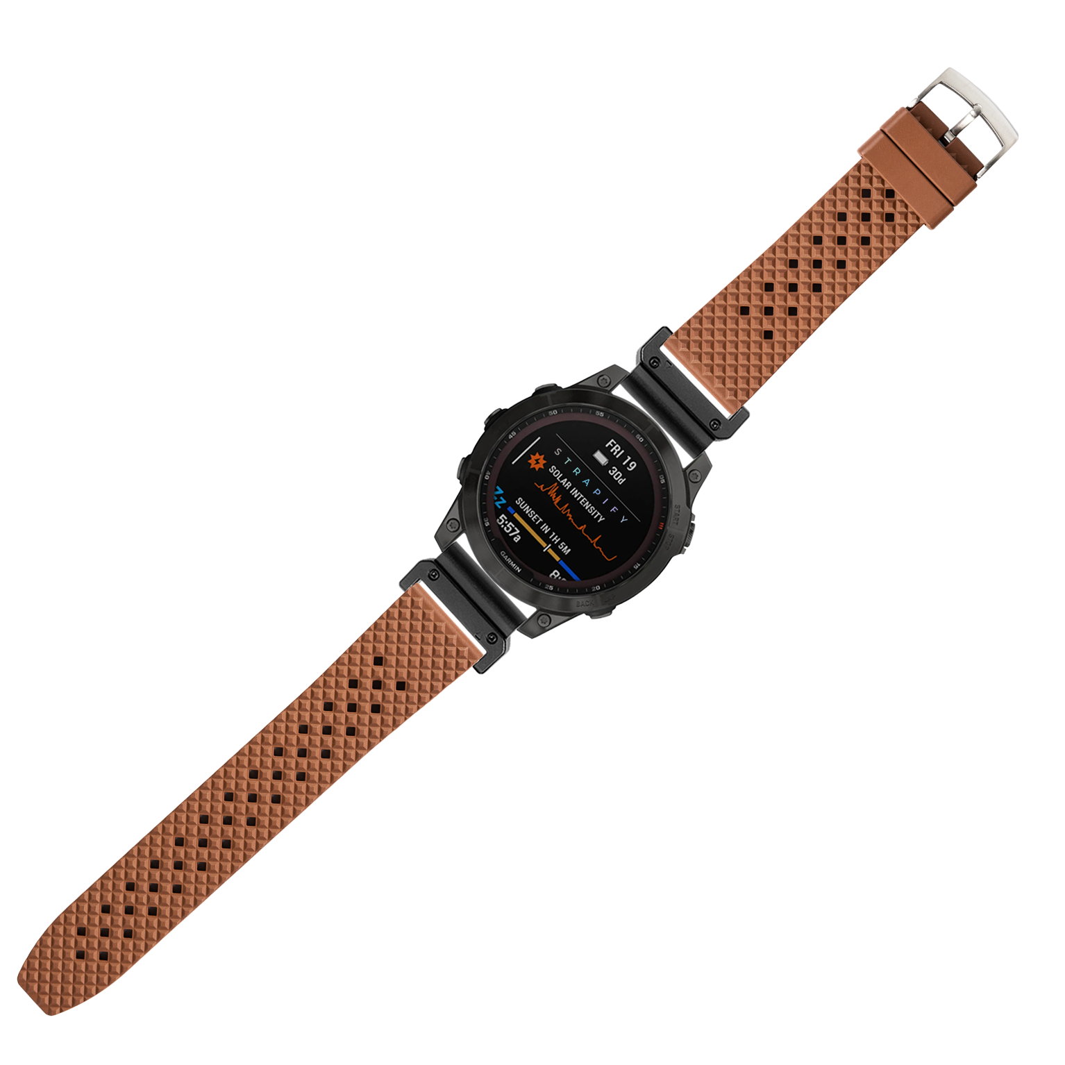 Black digital smartwatch with brown textured rubber strap and silver buckle, displaying fitness metrics on AMOLED screen