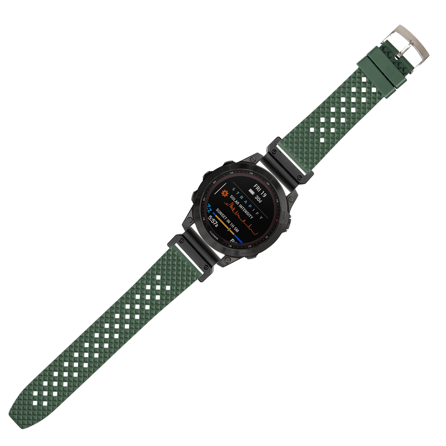 QuickFit King Honeycomb FKM rubber watch strap in green with 26mm width and silver buckle on black digital sports watch