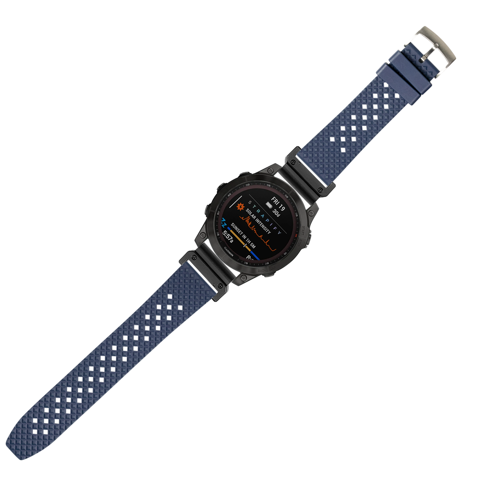 Navy blue FKM rubber smartwatch band with white honeycomb pattern, QuickFit 26mm connector, displayed on black sport watch with AMOLED screen