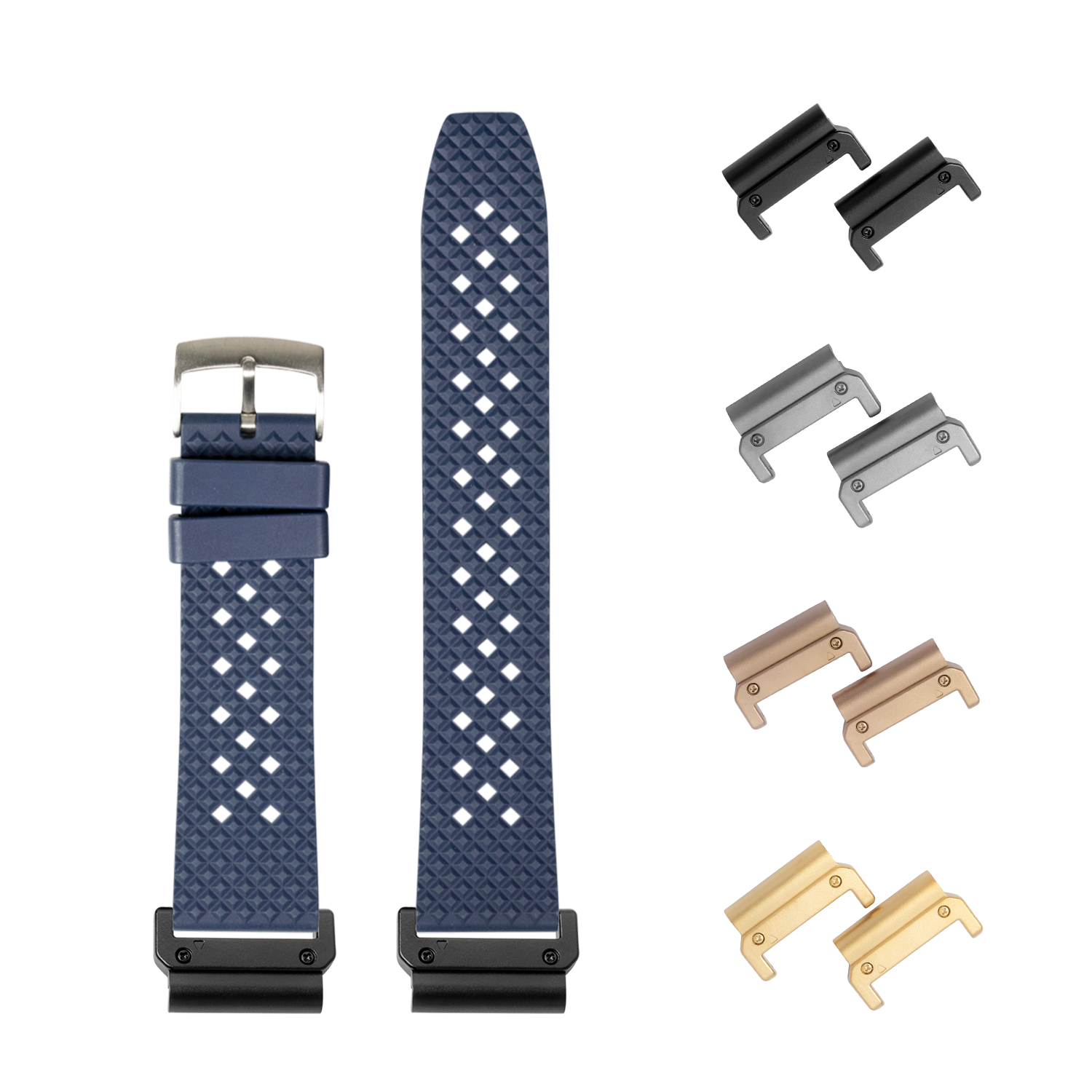 QuickFit King Honeycomb FKM rubber watch band navy blue 26mm with interchangeable metal lugs in black, silver, rose gold and gold finishes