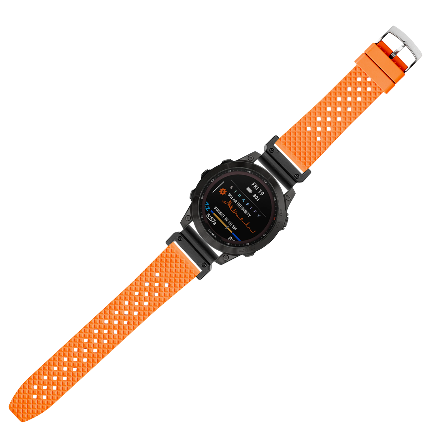 Black sports smartwatch with orange honeycomb FKM rubber strap, digital display showing fitness metrics
