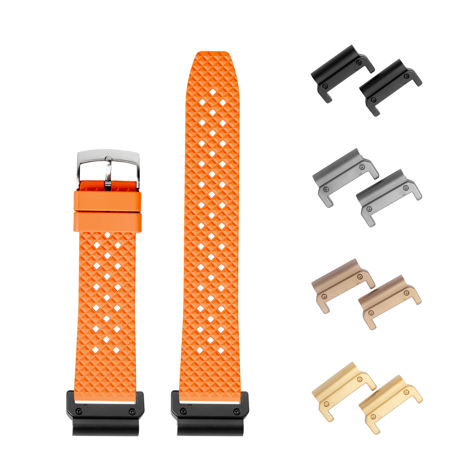 Orange QuickFit rubber watch band with white diamond pattern, interchangeable lugs in black, silver, bronze and gold finishes