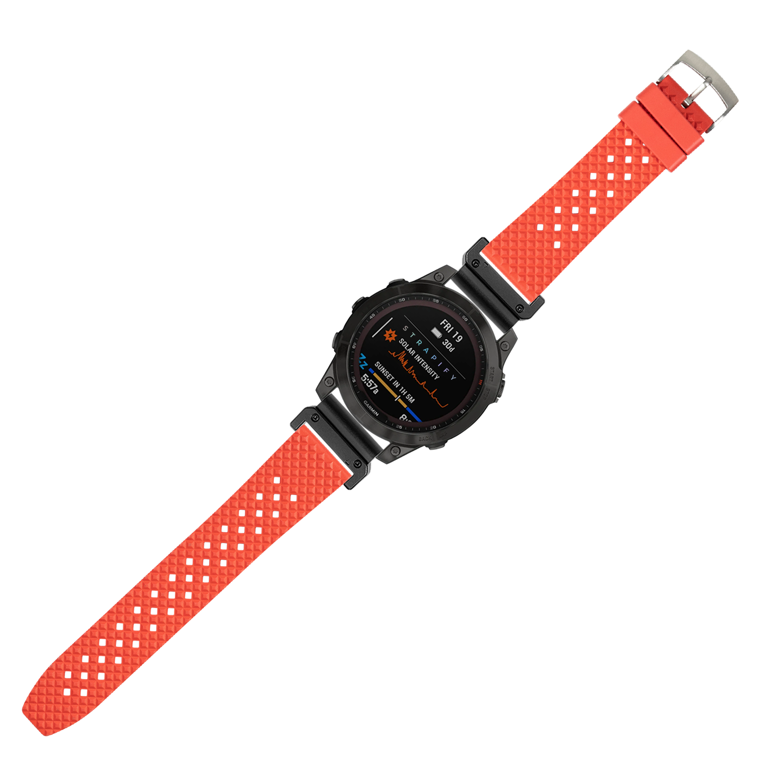 Black digital sports watch with red textured honeycomb FKM rubber strap and steel buckle, displaying fitness metrics on AMOLED screen