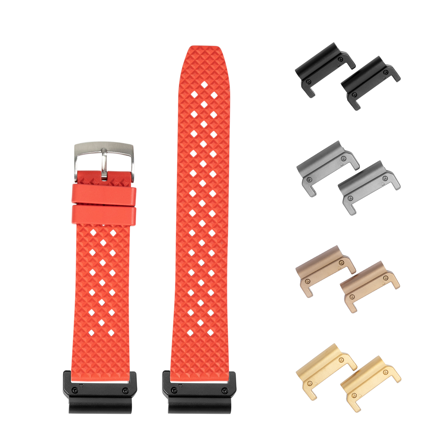 QuickFit King Honeycomb red FKM rubber watch strap 26mm with interchangeable metal lugs in black, silver, bronze and gold