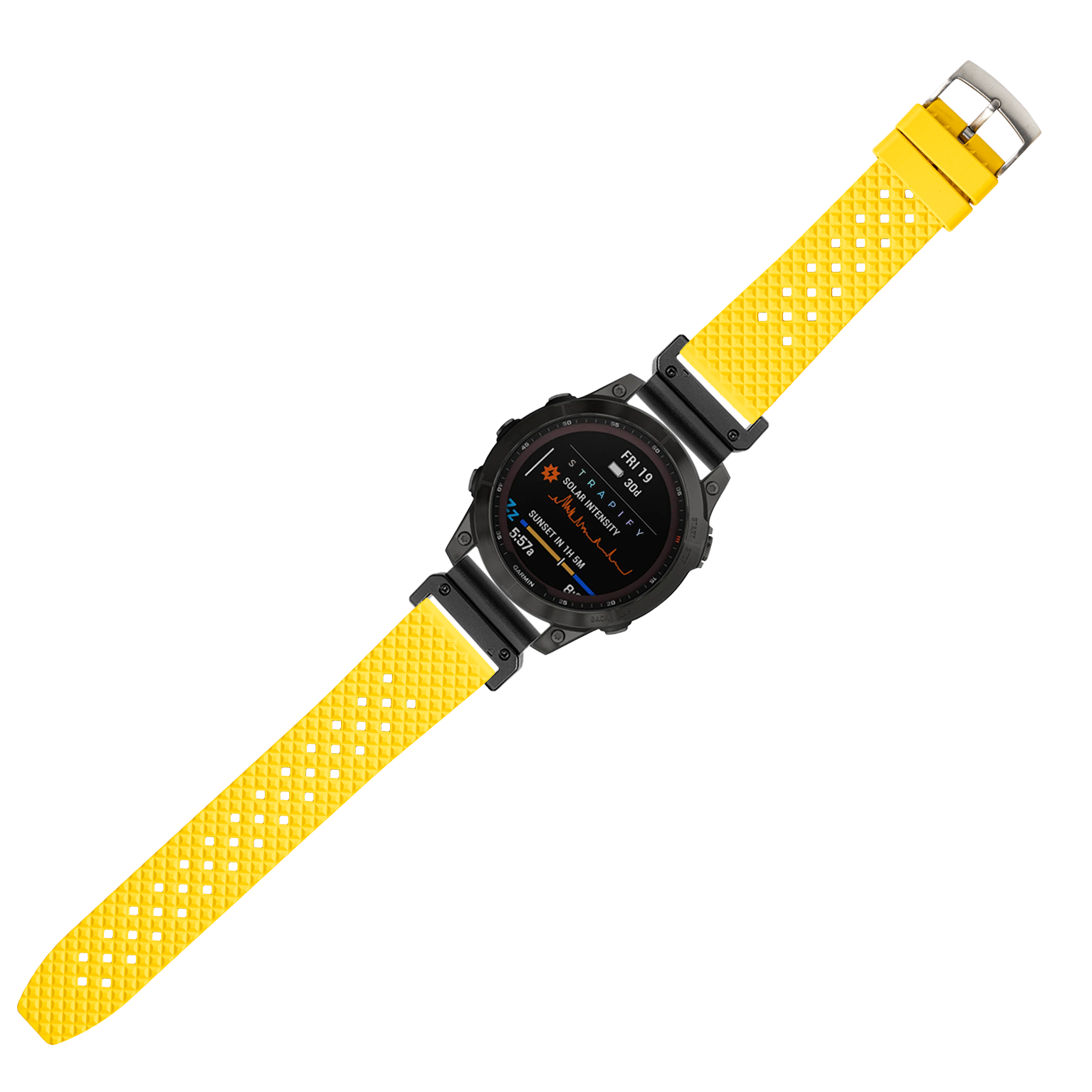 Black digital sports watch with yellow honeycomb rubber FKM QuickFit band and active AMOLED display showing metrics