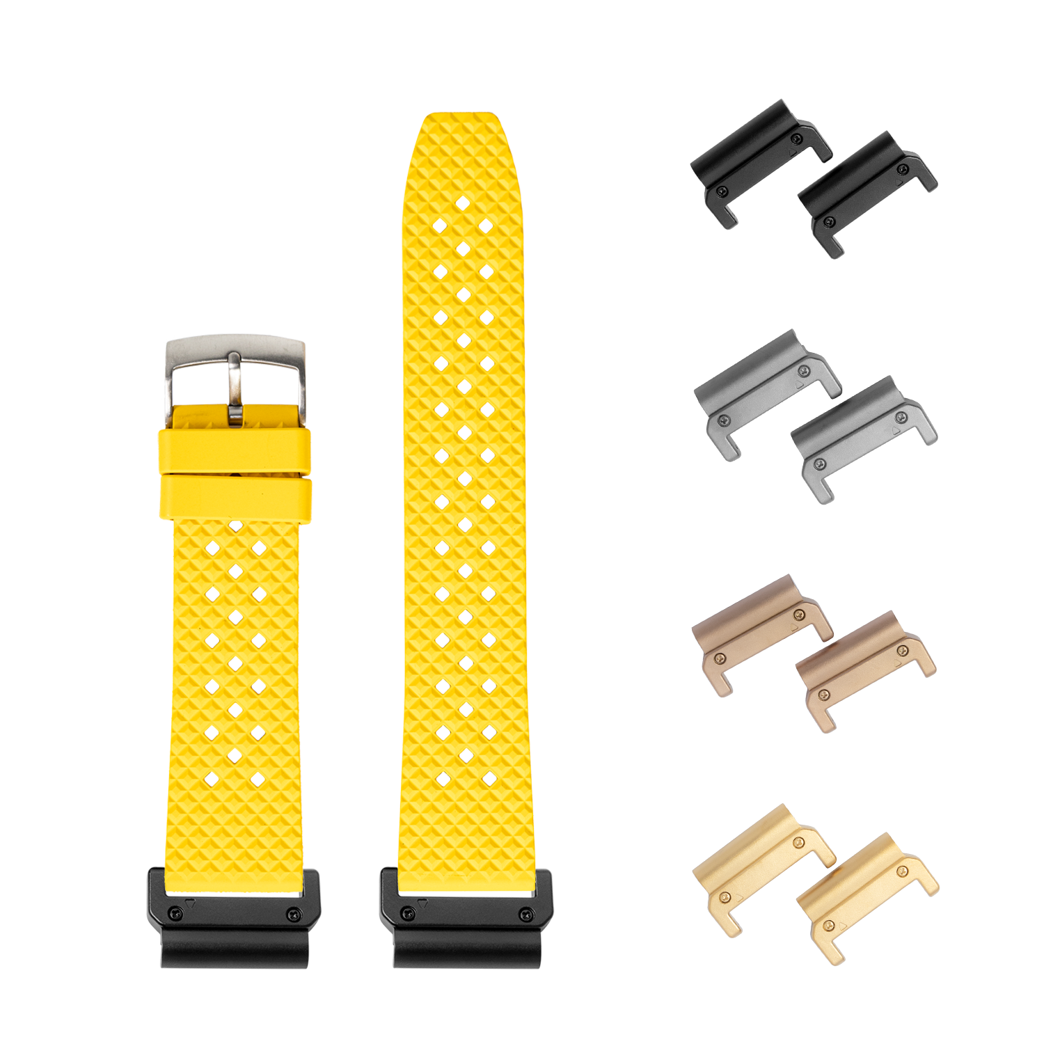 Yellow quilted FKM rubber watch band with interchangeable metal lugs in black, gray, rose gold, and champagne finishes