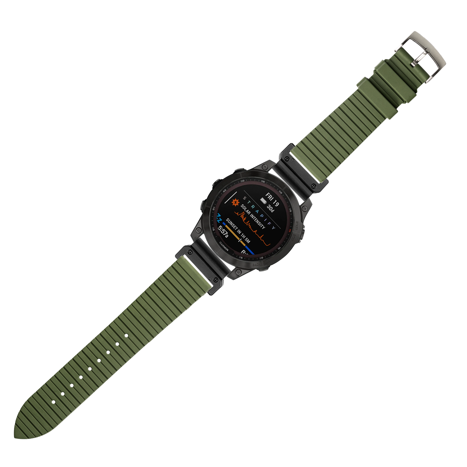 Black digital smartwatch with olive green ribbed rubber strap and metal buckle, displaying fitness metrics on AMOLED screen