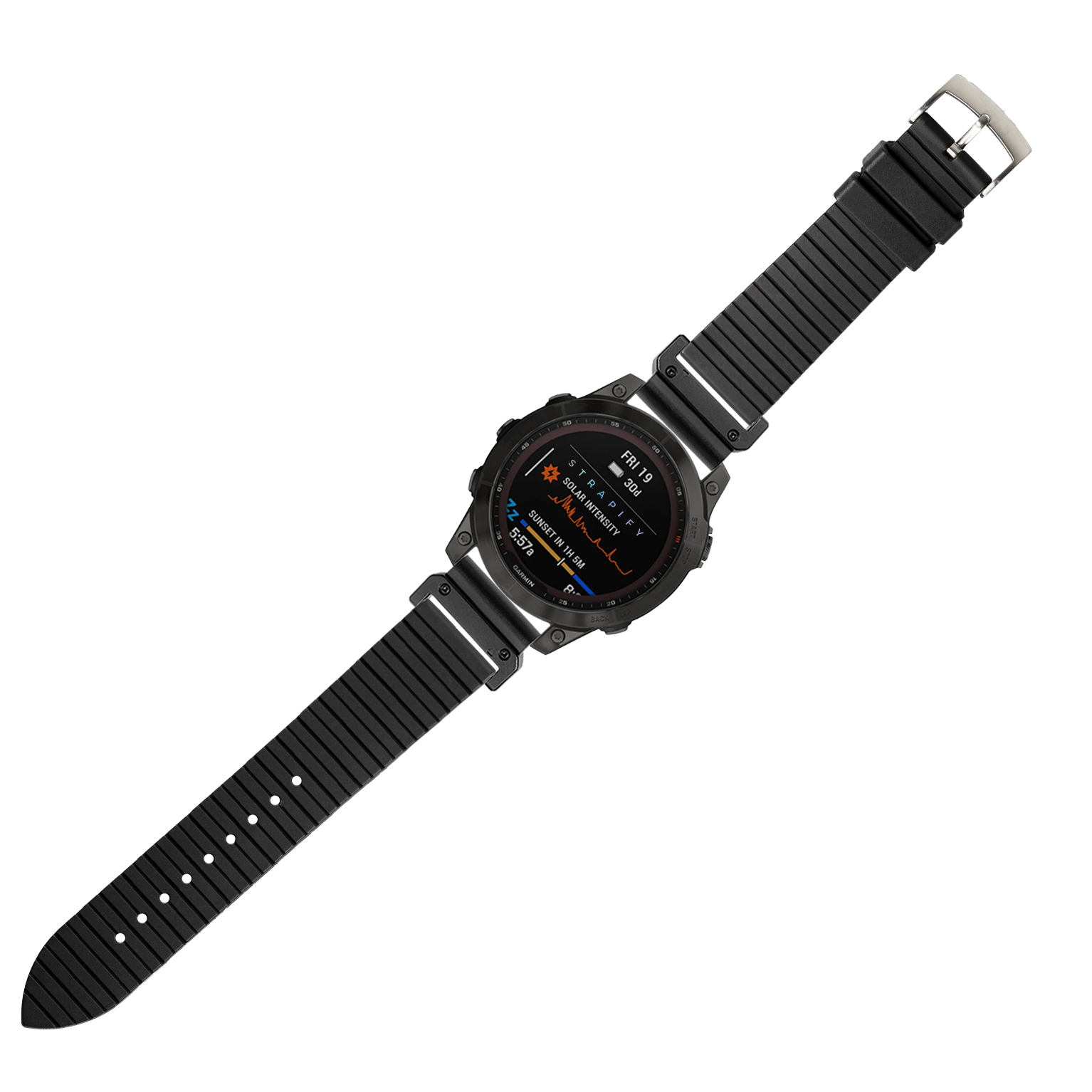 Black rugged smartwatch with digital display, ribbed FKM rubber strap, metal case and silver buckle clasp