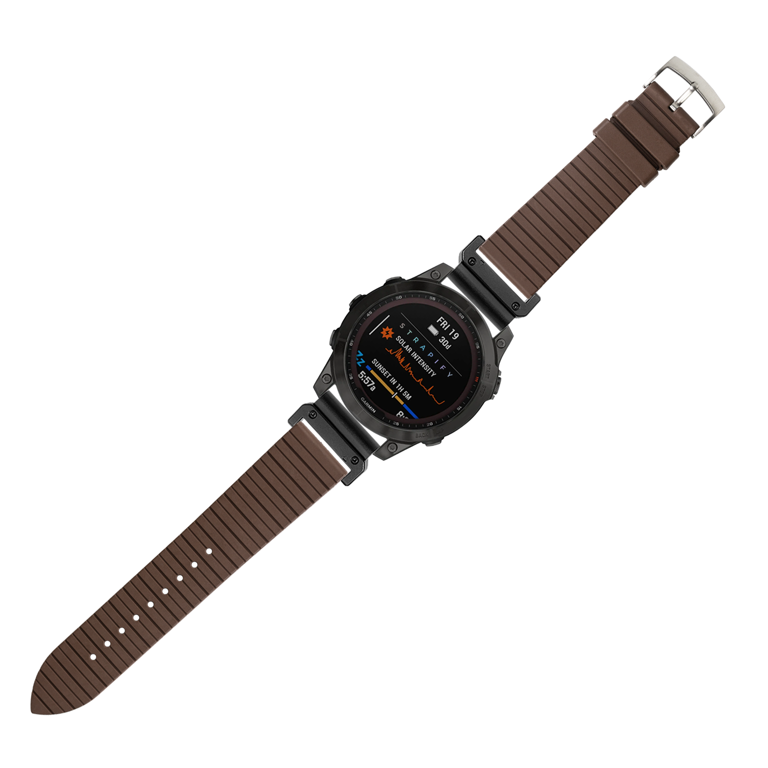 Black digital smartwatch with brown ribbed FKM rubber strap and metal hardware displaying fitness metrics on AMOLED screen