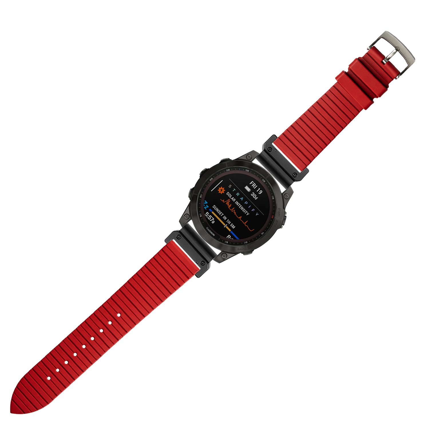 Black digital smartwatch with red ribbed rubber strap, AMOLED display showing fitness metrics and date