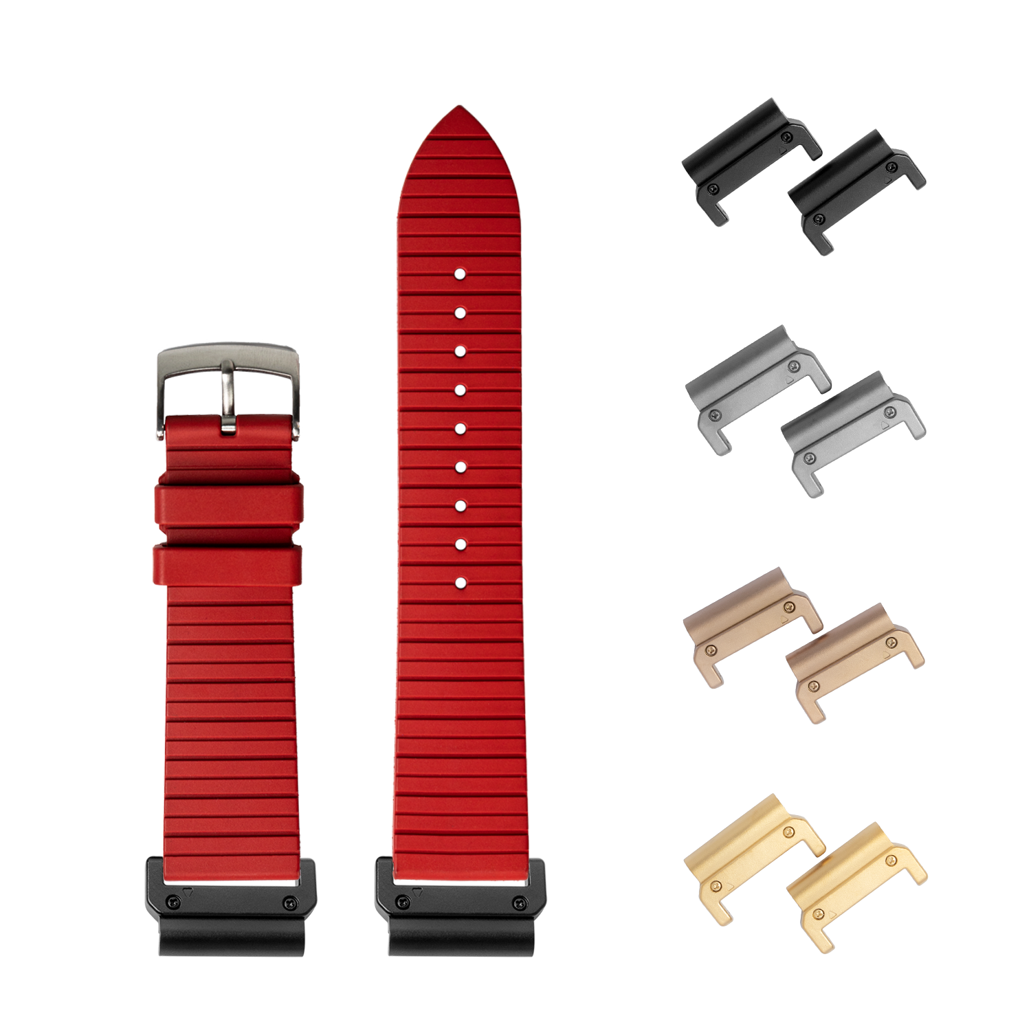 Red silicone watch strap with interchangeable metal connectors in black, silver, bronze and gold finishes