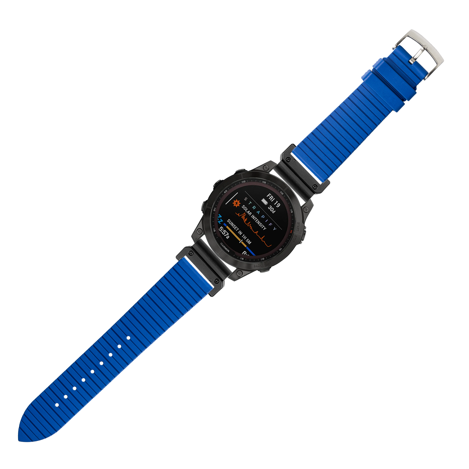 Black digital smartwatch with blue ribbed rubber strap and metal buckle, displaying fitness metrics on AMOLED screen